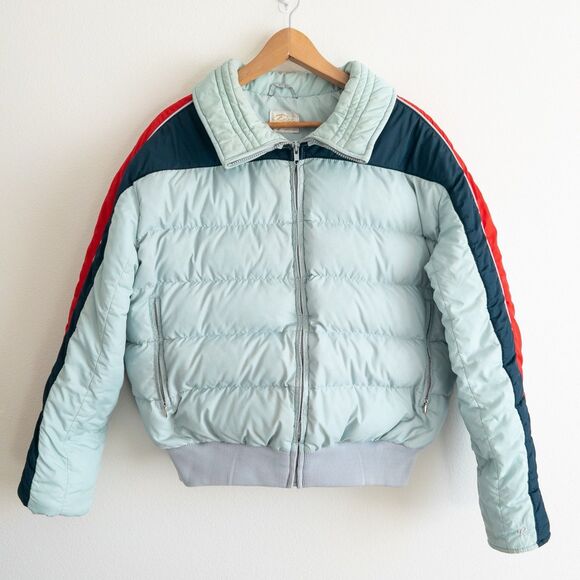 Vintage Robbe Ski Puffer Coat Light Blue Red Zip Up Winter Women L/XL - Picture 1 of 16